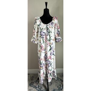 Vintage HILO HATTIE Women's White Tropical Print Puff Sleeve Mumu Dress Size M